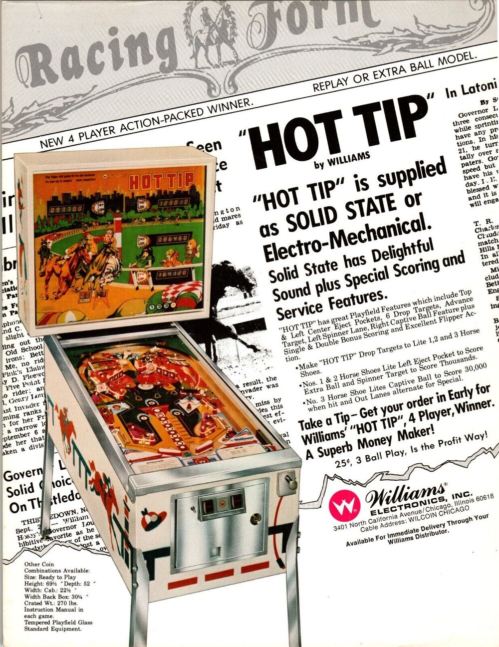 Hot Tip Pinball Machine Flyer 1977 Original Vintage Horse Race Promo Artwork